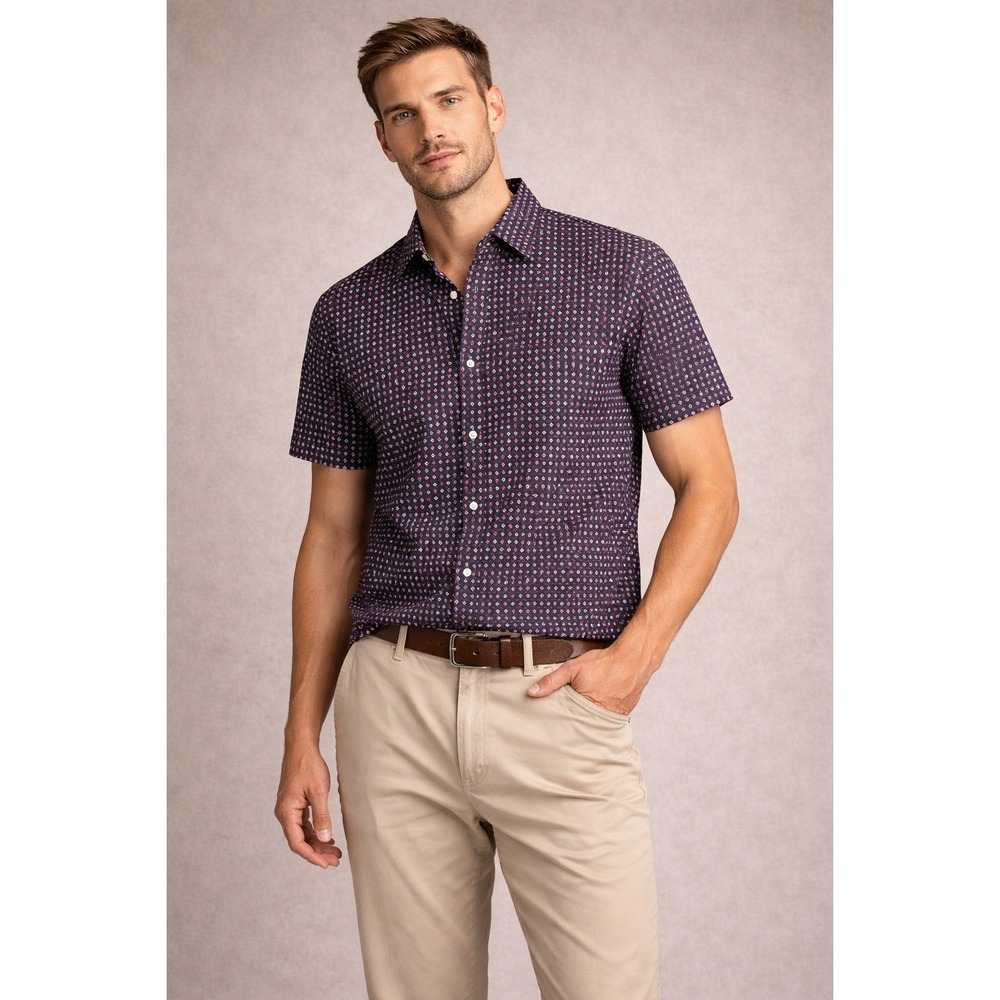 BONOBOS Slim Fit Button‎ Up Shirt Mens XXL Navy Mini Floral Print Short Sleeve